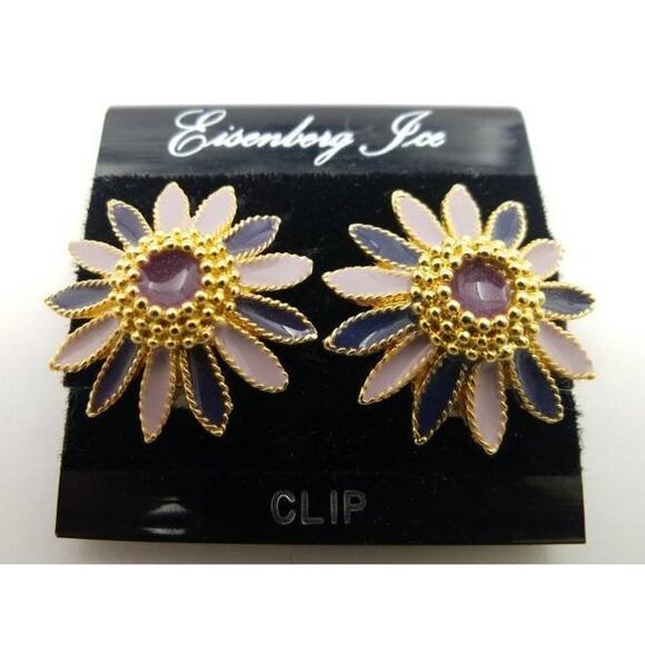 Vintage EISENBERG ICE Enamel Flower Clip Earrings on Original Card - Picture 2 of 6